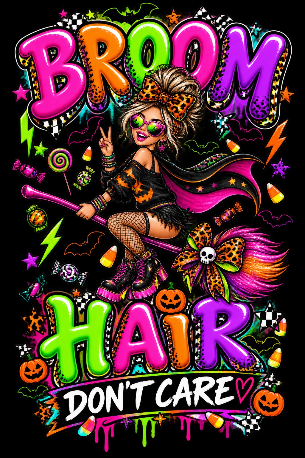 Broom Hair Don’t Care design shown on a Black Softstyle T-shirt