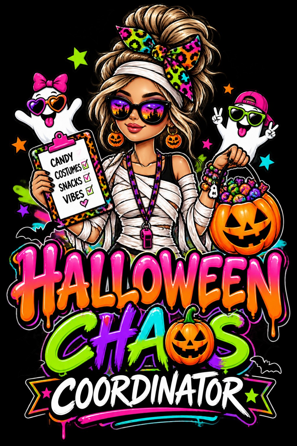 Halloween Chaos Coordinator design shown on a Black Softstyle T-shirt