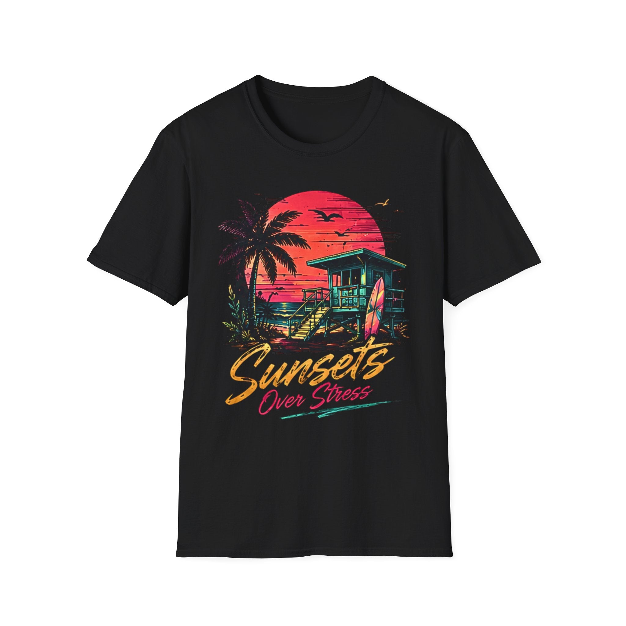 Sunsets Over Stress | Cute Coastal Shirt | Beach Life Graphic Tee | Oversized Summer Tee | Ocean Lover Gift