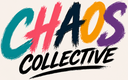 The graphic features the word 'CHAOS' in large, colorful brush-stroke letters (teal, pink, black, orange, purple) with the word 'COLLECTIVE' written underneath in black brush-stroke text, all on a solid light beige background.